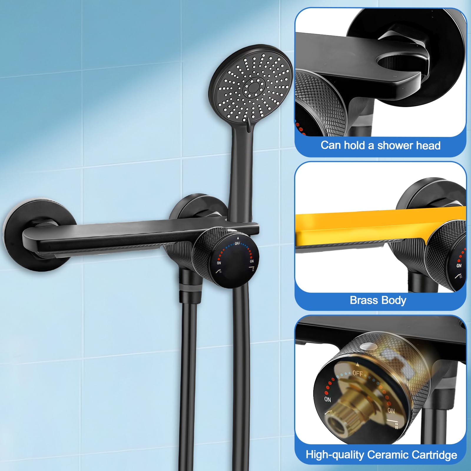 Mitigeur Baignoire, Robinet cascade avec Douchette, Robinet Baignoire avec Douchette 5 Jets, Robinet Salle Bain Baignoire Mural avec Flexible 1,5m, Robinet de baignoire (Noir)