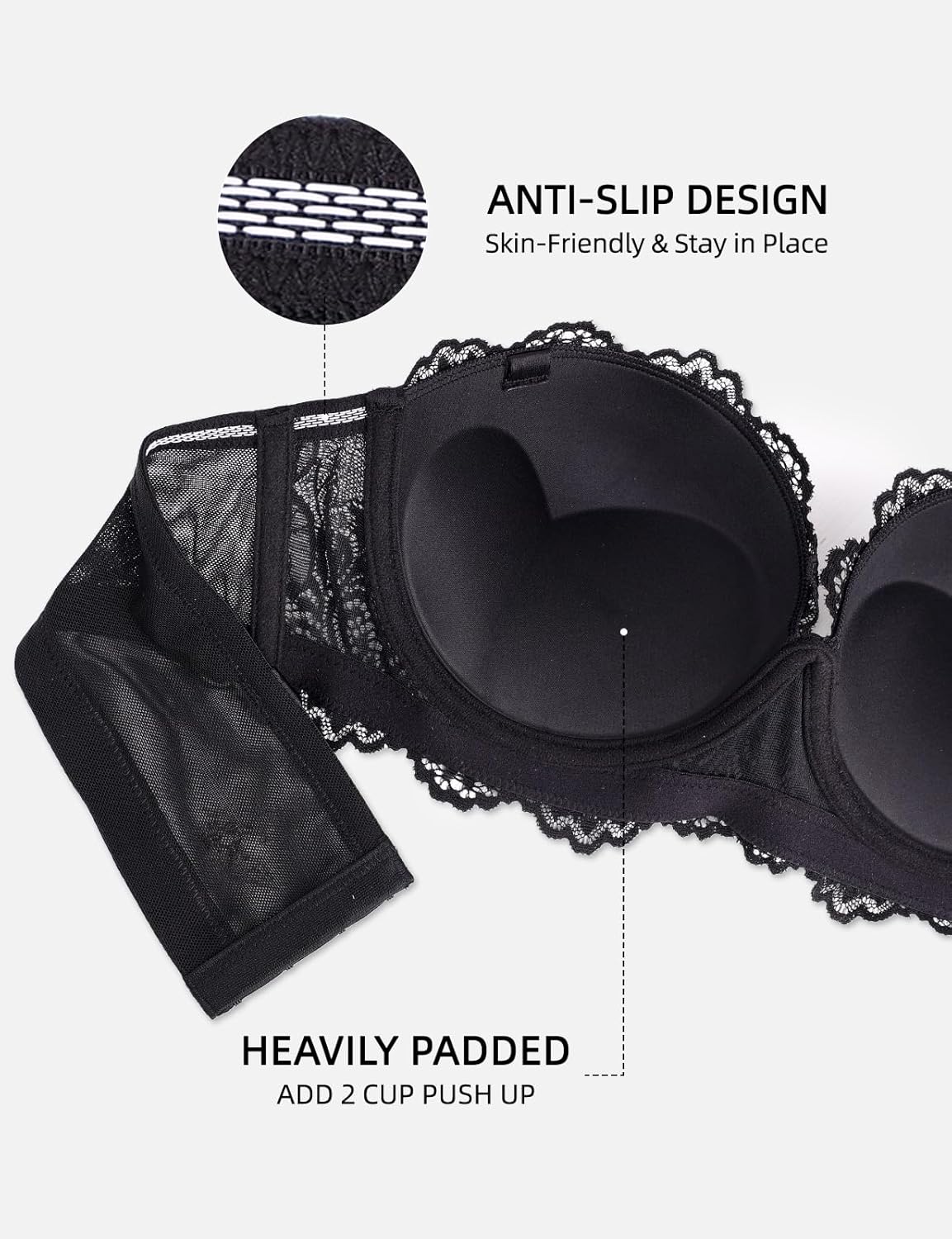Upushall Strapless Push Up Bra Lace Heavily Padded Balconette with Clear Straps Multiway Adds 2 Cup Sizes Black 42B