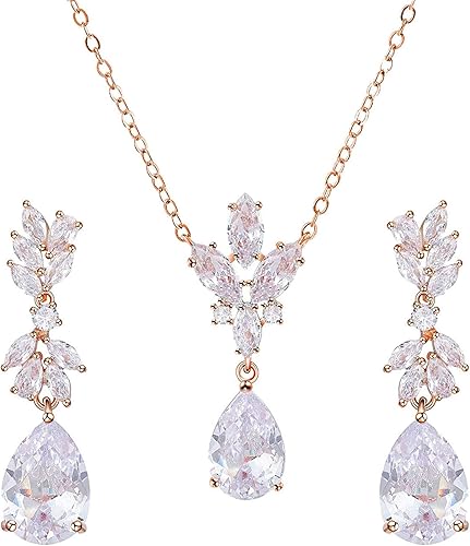 SWEETV Wedding Jewelry Sets for Brides Bridesmaid,Cubic Zirconia Teardrop Bridal Necklace Earrings Set Wedding Prom Jewelry for Women