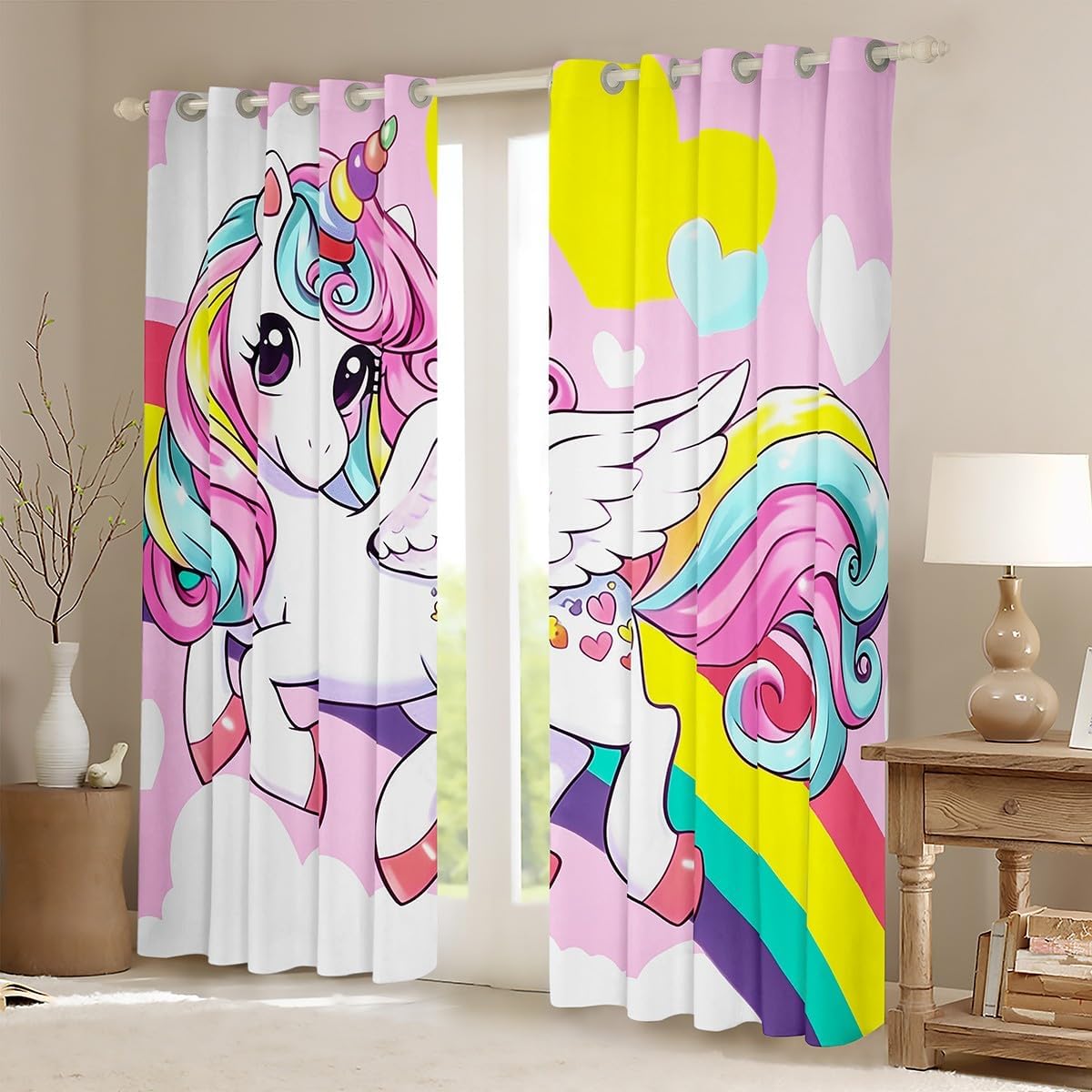 Manfei Cartoon Unicorn Kids Window Curtains,Rainbow Love Heart Princess Window Drapes for Girls Women,Dreamy Unicorn Cute Animal Pink White Window Treatments Grommet Top 2 Panel Set,38Wx45L inch