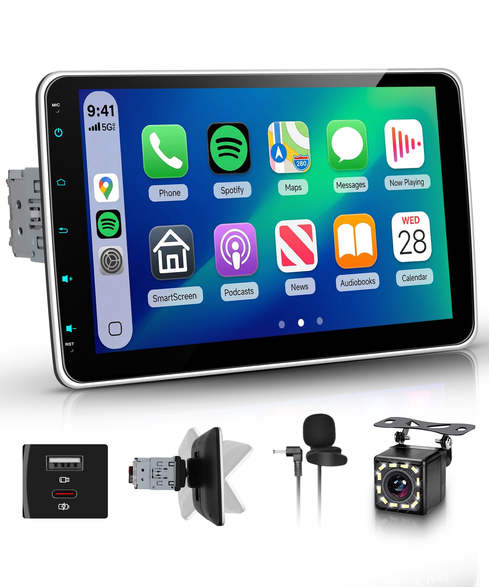 Hodozzy 1 Din RDS Autoradio mit Drahtlose CarPlay Android Auto, 10 Zoll Abnehmbarer Bildschirm mit USB Type-C/Bluetooth 5.2/FM/EQ/SWC+Rückfahrkamera