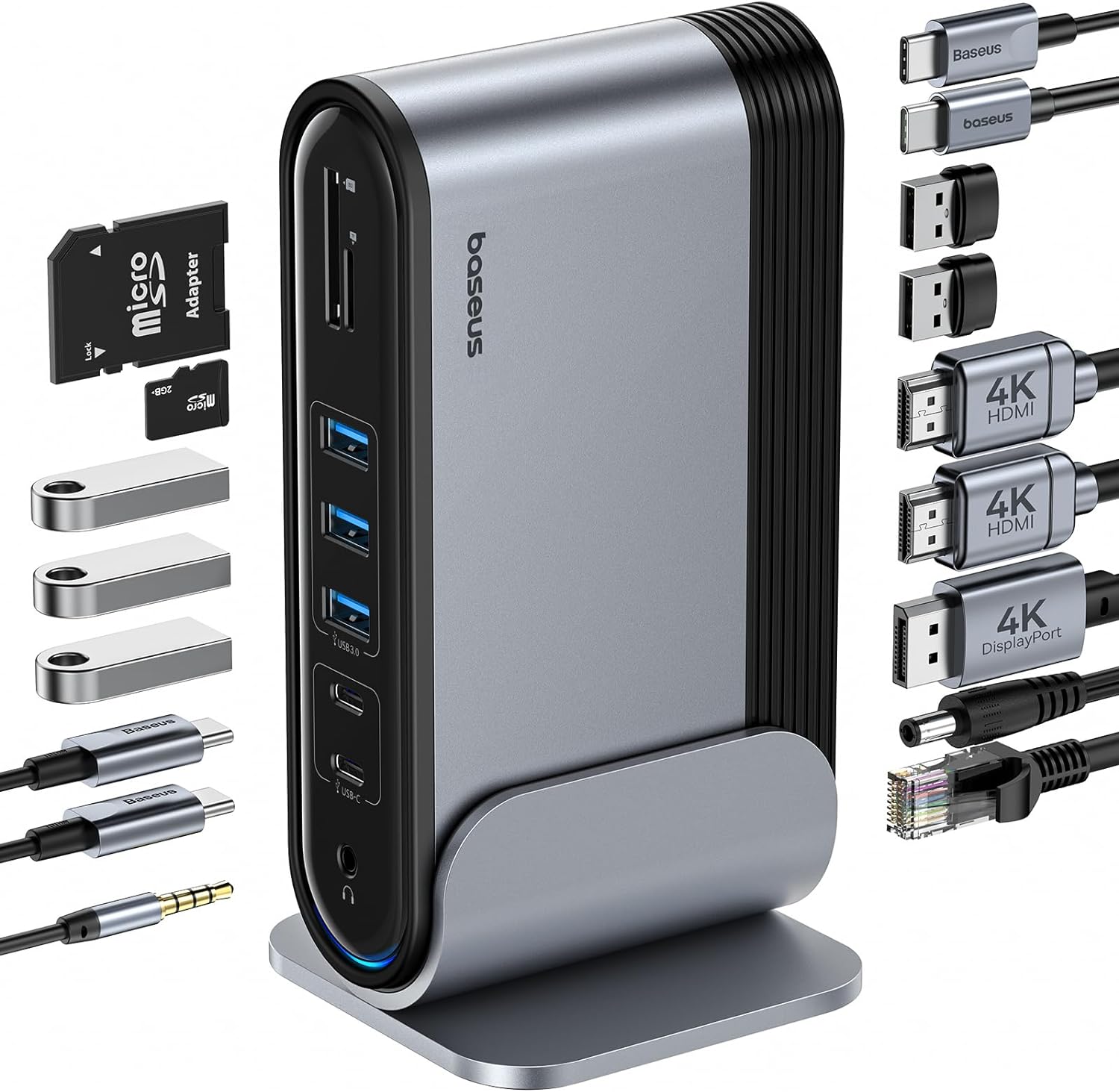 Baseus 17-in-1 USB C Docking Station 4K HDMI 2 DP 1 for Transfer to 3 Monitors with 100W PD USB-C Port, USB 3.0 3, LAN, SD/TF Card Reader, Audio Port USB C Hub for Windows, Mac Laptop
