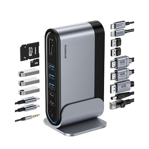 Baseus Docking Station, 17 in 1 Docking Station 3 Monitors with 2 HDMI+DP, 7 USB, 1Gbps Ethernet, 100W PD, SD/TF Card Reader, Laptop Docking Station Compatible with Dell/HP/Mac/Lenovo/Steam Deck