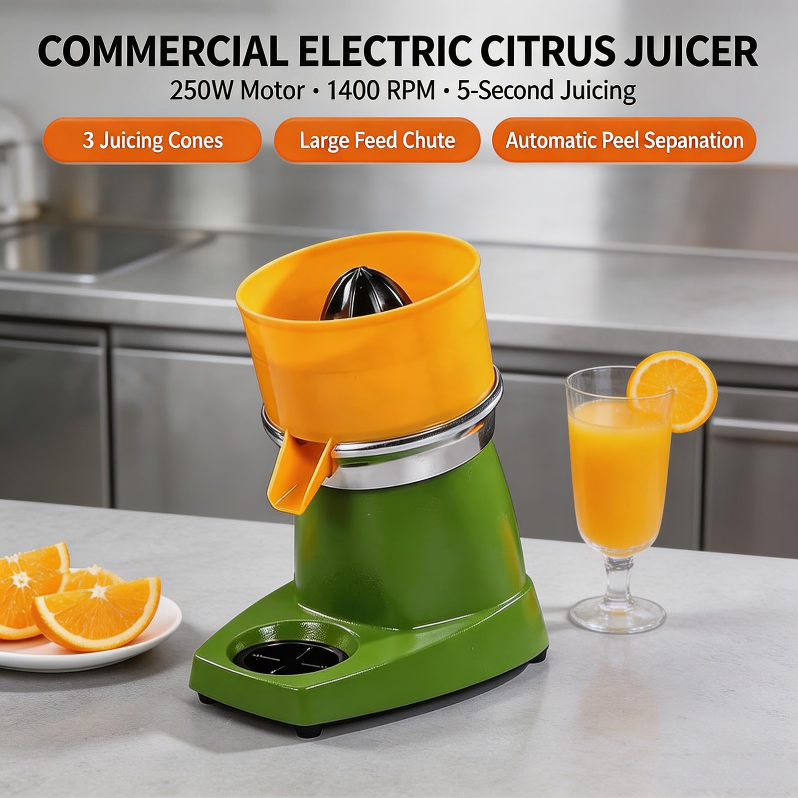 Spremiagrumi Elettrico Professionale Da 250 W, 1400 Giri/min, Con 3 Coni, Spremitura Rapida In 5 Secondi, Ampia Apertura Di Alimentazione, Separazione Automatica Della Buccia, Base In Acciaio