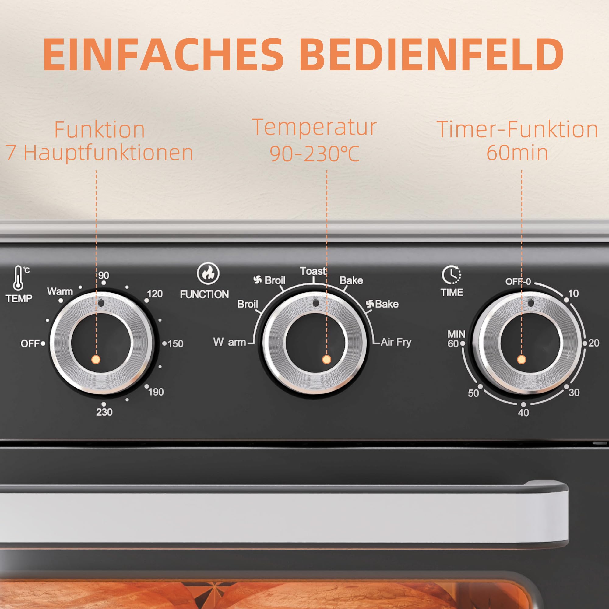 HOMCOM Mini-four à chaleur tournante 20L Mini four avec plaque de cuisson, grille et ramasse-miettes, 90 °C-230 °C Friteuse à air chaud avec 5 modes, panier à friture, minuterie 60 min, 1400W, métal