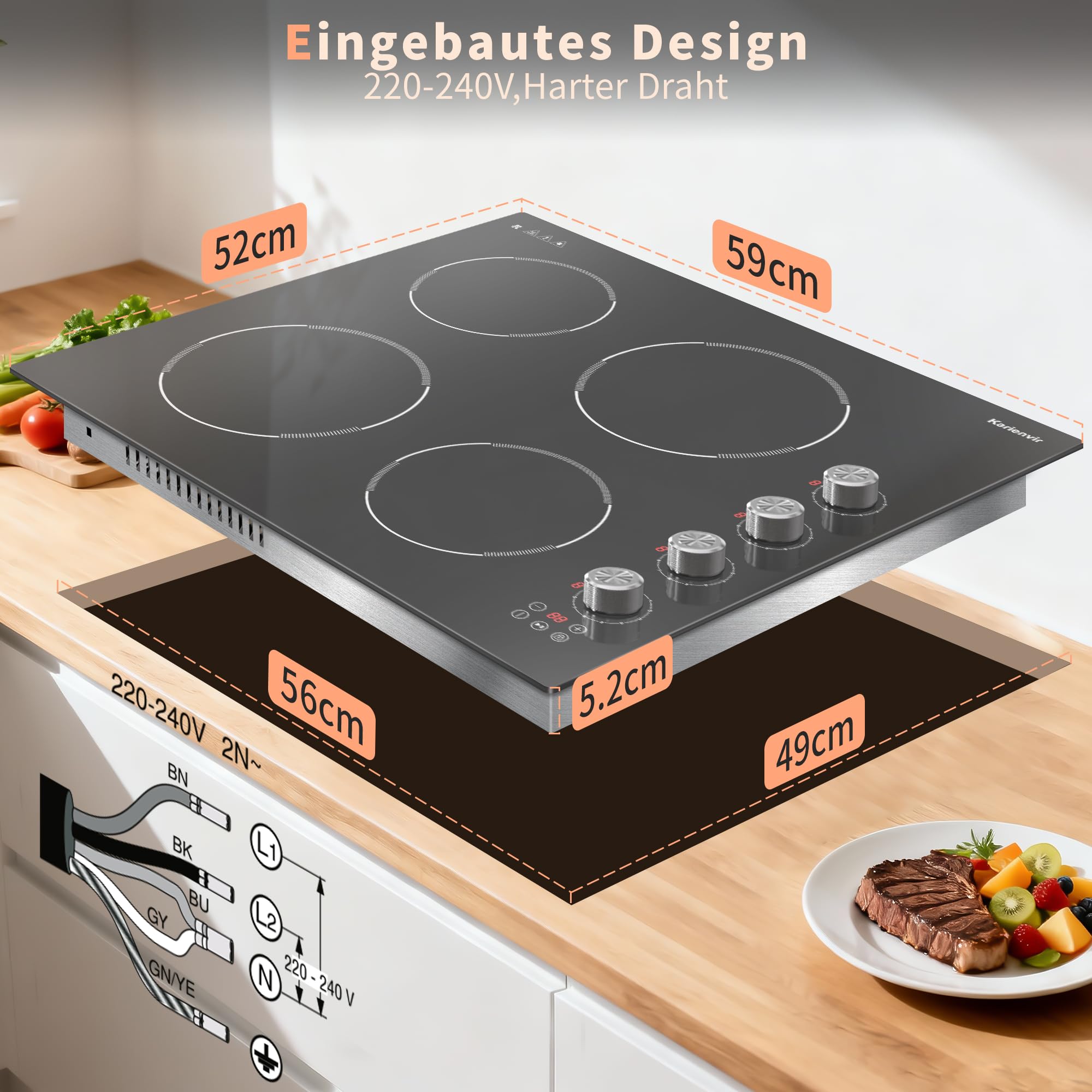 Glaskeramikkochfeld 4 Platten 60cm 6000W Einbau mit Sicherheitssperre Zeitschaltuhr