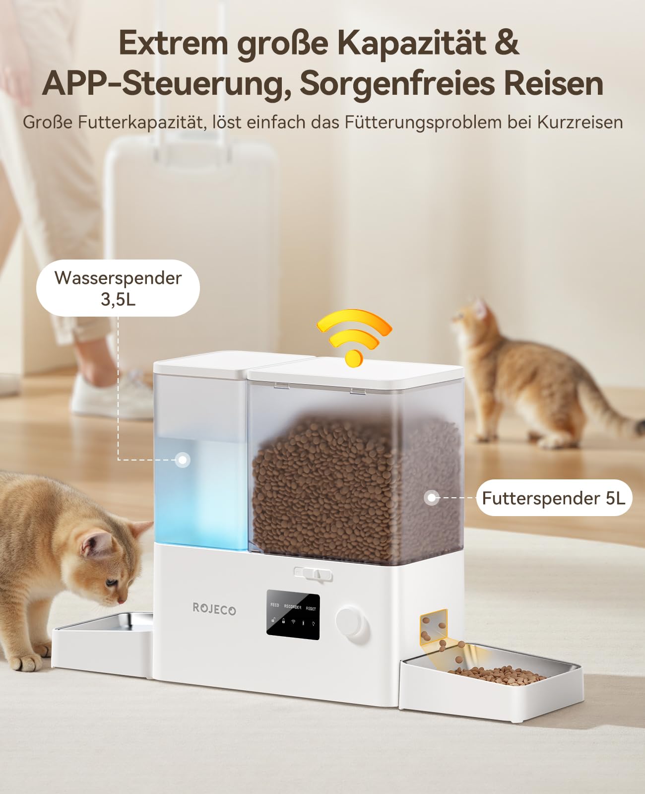 ROJECO Distributore Cibo Gatti Automatico 2-in-1 con Wi-Fi APP, 5L Crocchette + 3.5L Acqua a Gravità, Mangiatoia e Abbeveratoio per Gatti