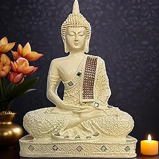 Global Grabbers New 25 Centimetre Meditating Sitting Buddha Statue showpiece Idol Home Decor Items for Living Room and Gifts (Cream)