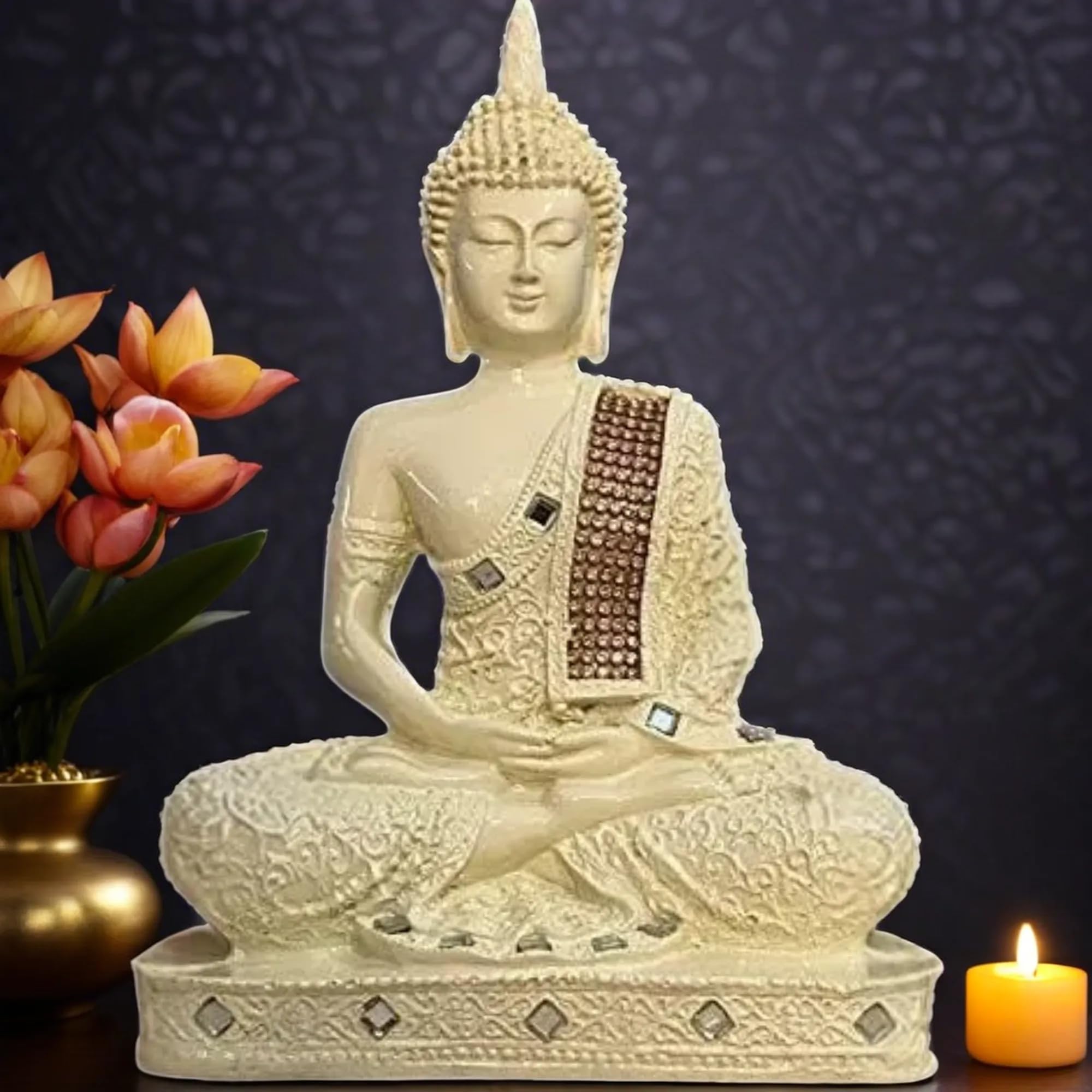Global Grabbers Polyresin Sitting Buddha Idol Statue Showpiece for Home Decor Decoration Gift Gifting Items-CRE-BS2-(00), Beige