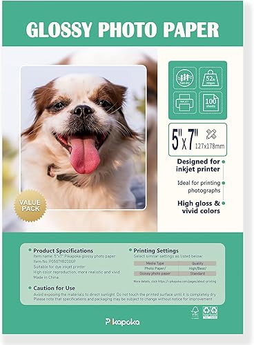 Pikapoka Papel fotográfico brillante de 5 x 7, papel de calidad fotográfica para impresora de inyección de tinta, tamaño 5R, paquete de 100