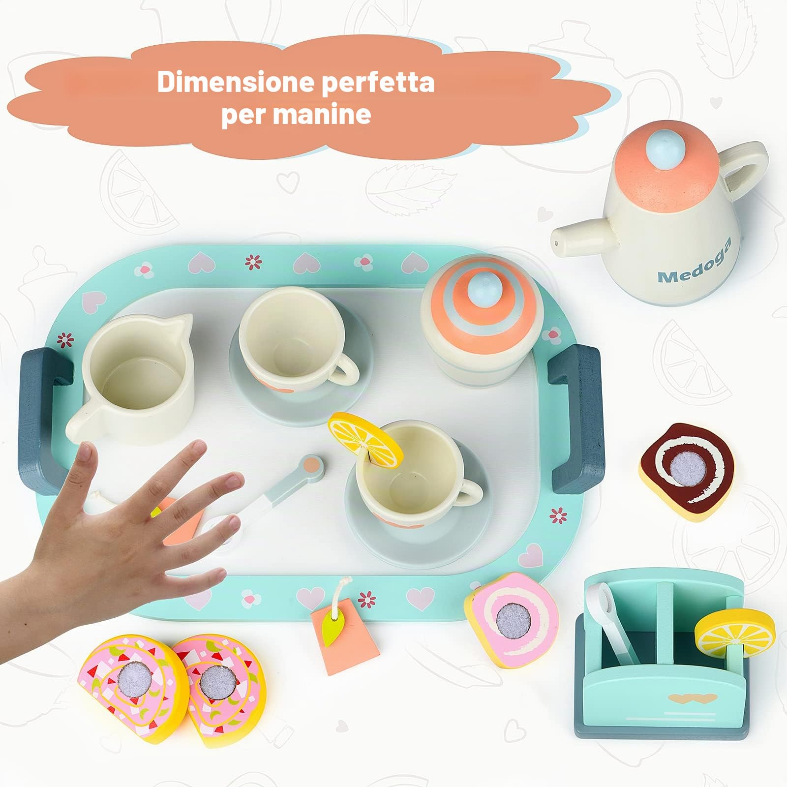Set da tè giocattolo in legno, accessori da cucina per bambini, cibo per far finta di giocare, per feste di 3, 4, 5 anni