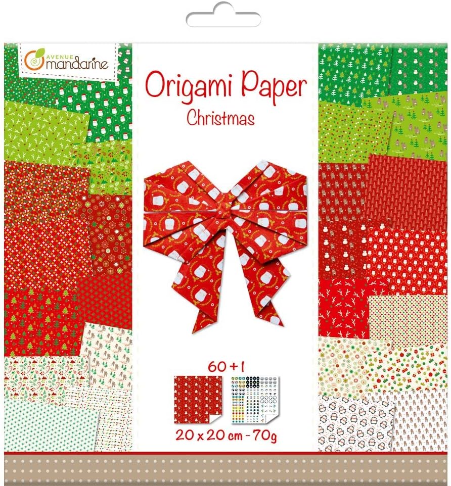 Avenue Mandarine OR506C - A pack of 60 Origami sheets - Size: 20x20 cm 70G (30 designs x 2 sheets) + a sheet of stickers ''Yeux'', From 7 years - CHRISTMAS