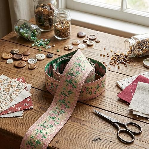 Miniatura 8 de IDONGCAI Cinta jacquard floral – Cinta de encaje bordada rosa de 5 yardas para decoración de bodas, manualidades, envoltura de regalos, costura,