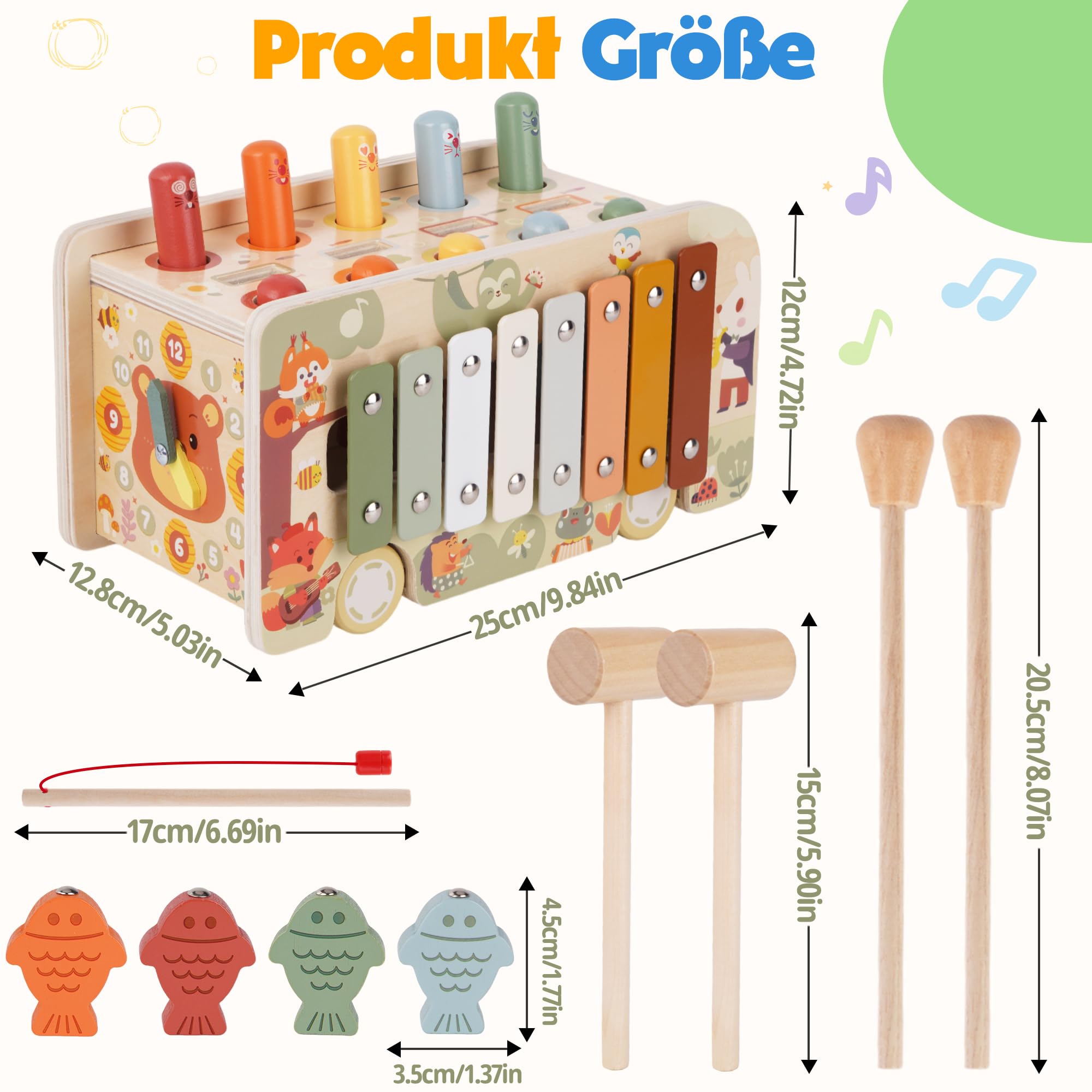 Baby Spielzeug ab 1 2 3 Jahre, Montessori Spielzeug ab 1 Jahr, Music Kinderspielzeug Xylophon, Magnet Angelspiel, Hammerspiel Motorikspielzeug, Holzspielzeug Geschenk Mädchen Junge Kind 1 2 3 Jahre