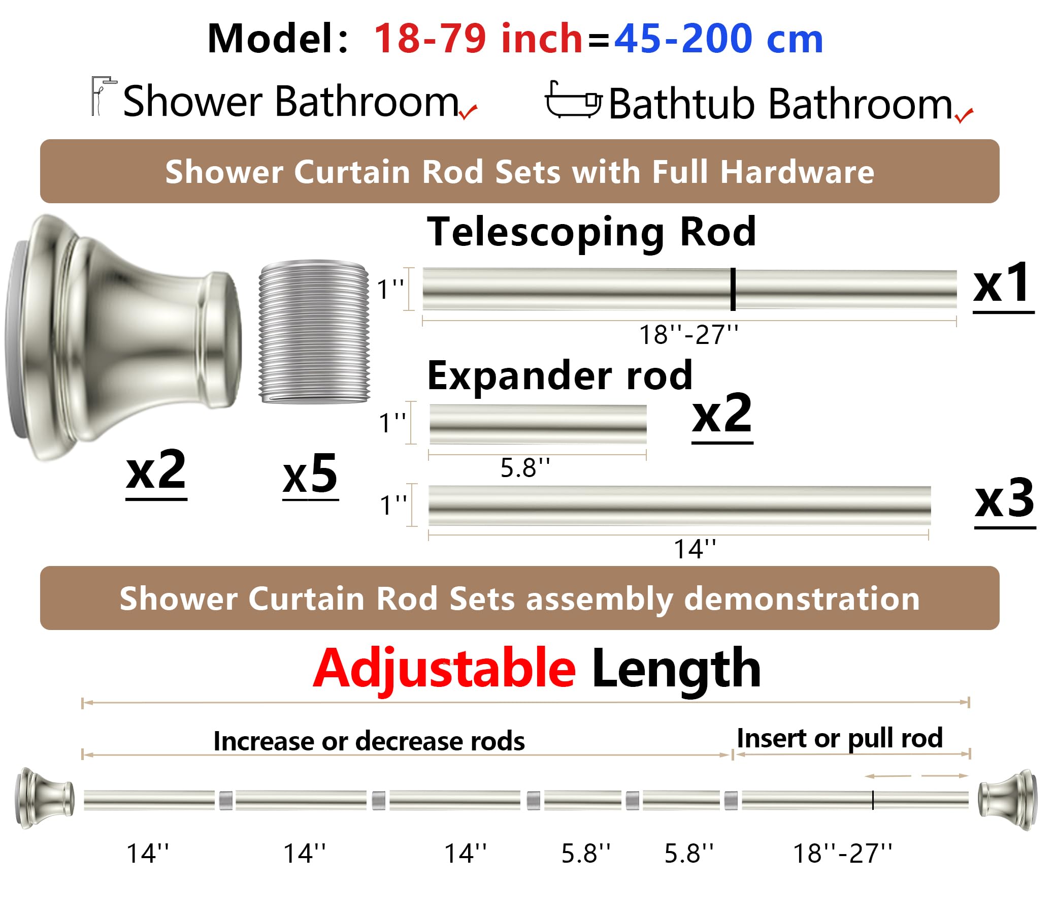 Tringle à rideau de douche extensible en nickel brossé - Réglable de 45,7 à 183 cm - Sans perçage - Résistante à la rouille - Pour salle de bain, cuisine, chambre à coucher, balcon