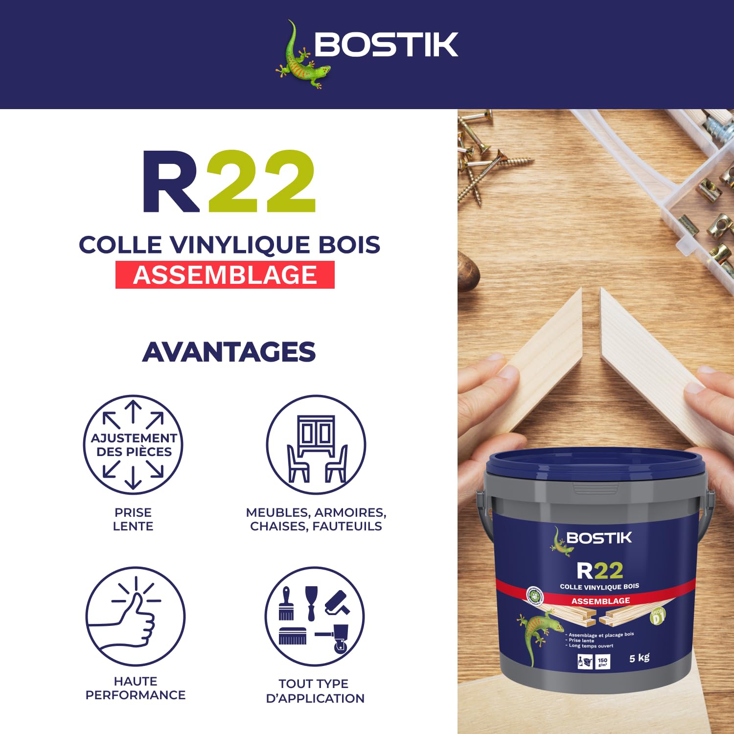 Bostik Colle Vinylique Bois R22 - Prise Lente - Colle d'Assemblage et de Placage du Bois - D1 Menuiseries Intérieures - Meubles - Blanc - Seau de 5 kg