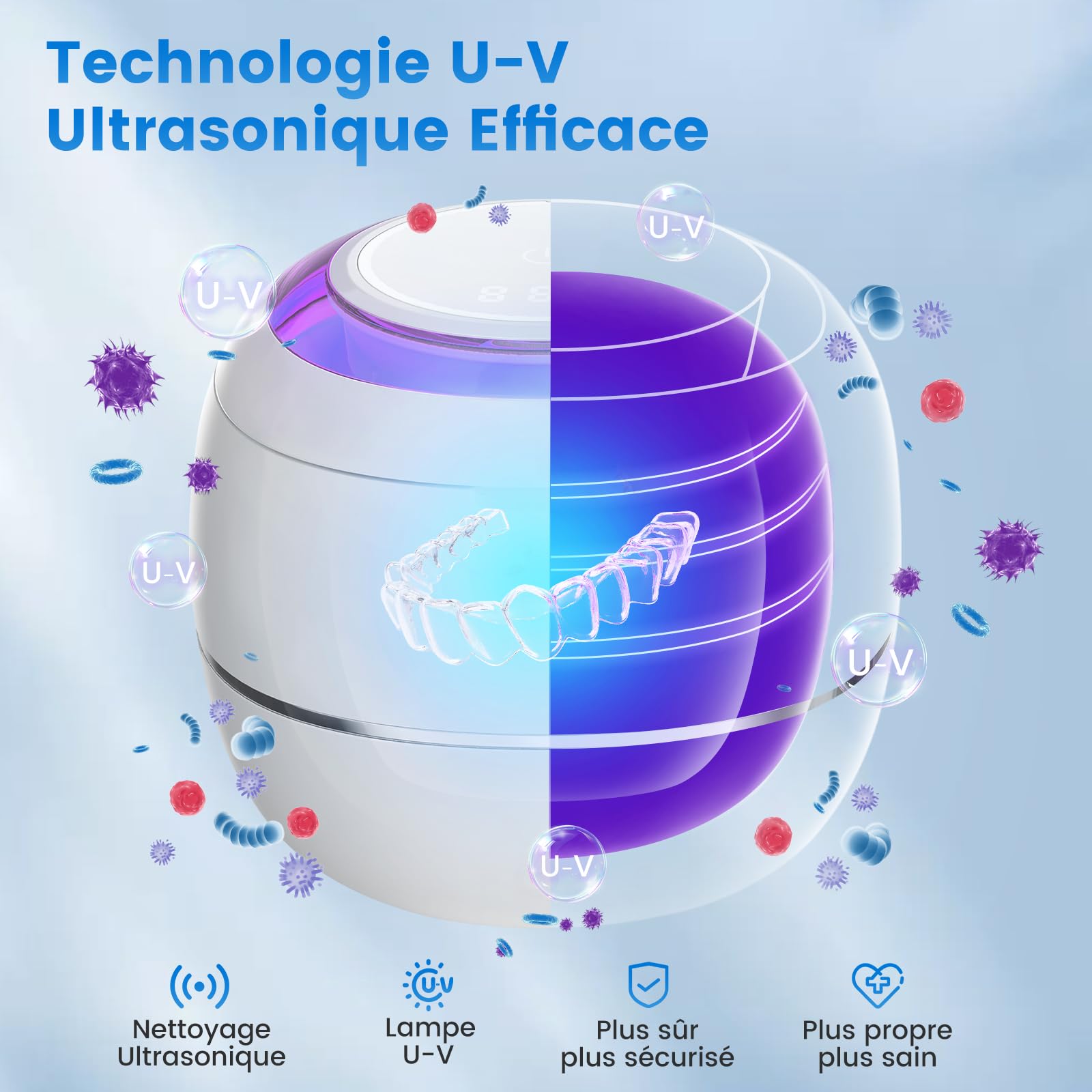 SEANCHEER Nettoyeur Ultrasons 48000Hz Dental Pod | 180ML | Mini Ultrasonic Cleaner Portable avec Lampe UV pour | Prothese Dentaire | Gouttiere Dentaire Bruxisme | Aligneur | Retainer | (Blanc)