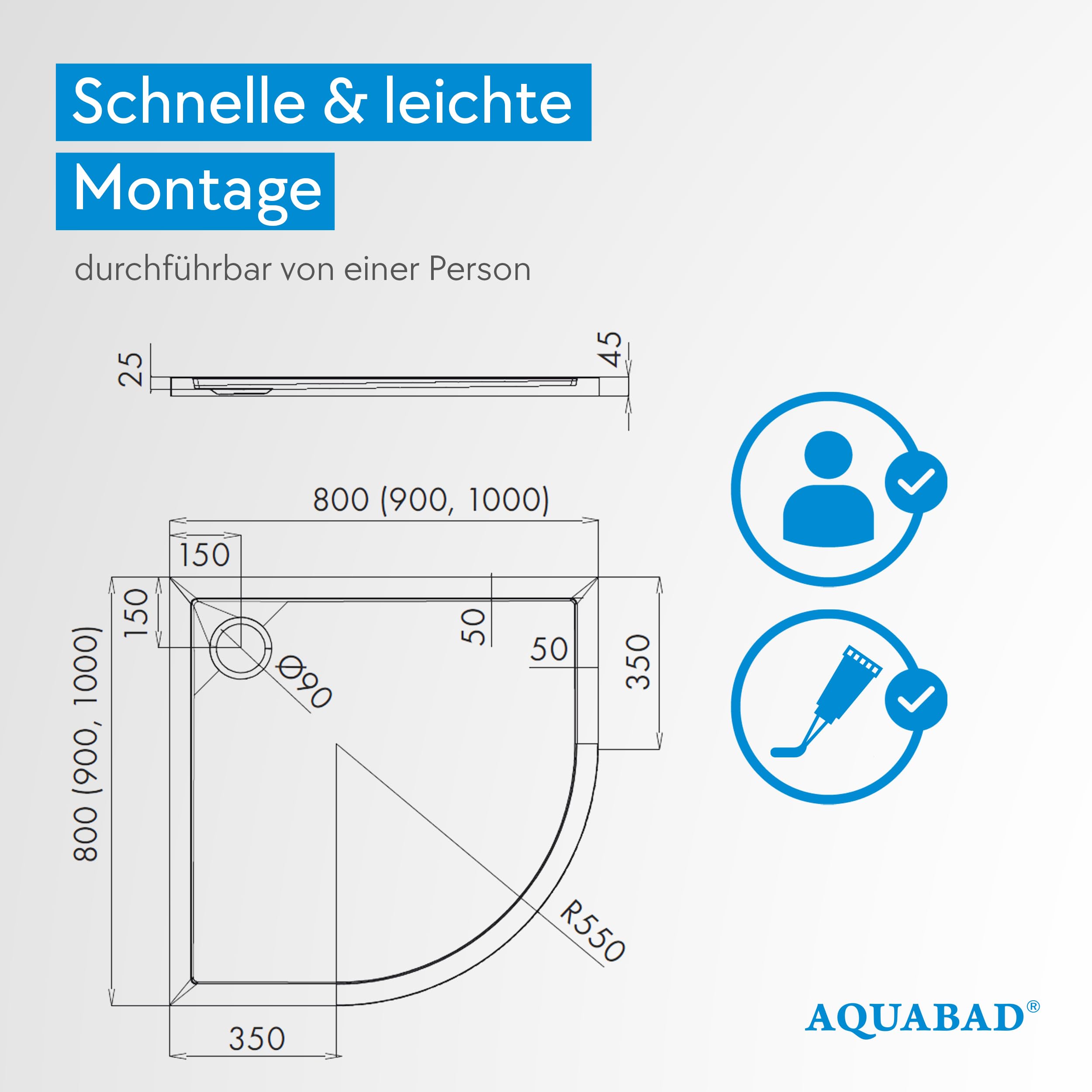 Receveur de douche AQUABAD Villa avec technologie LeakProtect Smooth White 80x80cm quart de cercle R55, avec bonde d’évacuation A9.200