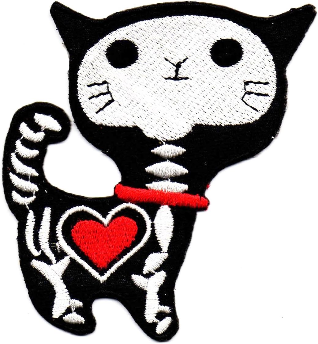 Cat Skull Skeleton Red Heart Love Smile Cartoon Fun Children Cute Animal Patch for DIY Applique Iron on Patch T Shirt Patch Sew Iron on Embroidered Badge Sign Costume