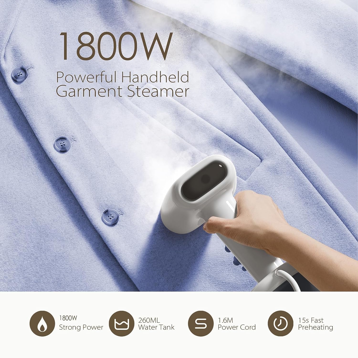 Défroisseur Vapeur 2000 W, Chauffe Rapide, Anti-Fuite, pour Vêtements, avec Débit de Vapeur de 30 G/Min, Réservoir d'eau de 260 ML et Brosse Anti-Peluches, Horizontal et Vertical (EU)