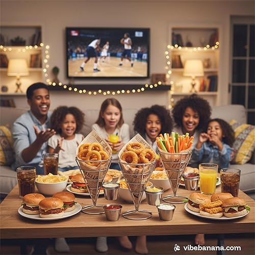 Miniatura 7 de Peohud 4 Pack French Fries Stand, Chip Cone Basket with Sauce Dipper, Metal Wire French Fry Holder, Fried Chicken Display Rack for Food Snack