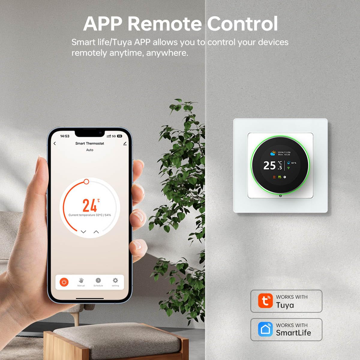 Thermostat Connecté WiFi pour Chauffage au Sol Thermostat d'ambiance WiFi 16 A à Commande par Bouton avec minuterie, économies d'énergie, Compatible avec Alexa, Google Home et SmartThing