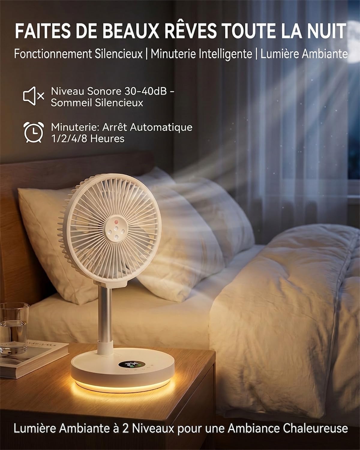 Ventilateur sur Pied Portable 10 Pouces Rechargeable, Moteur Sans Balais, 6 Vitesses, Oscillation 90°/180°, Hauteur Réglable, Minuterie 4 Modes, Télécommande Magnétique, Lumière d’Ambiance