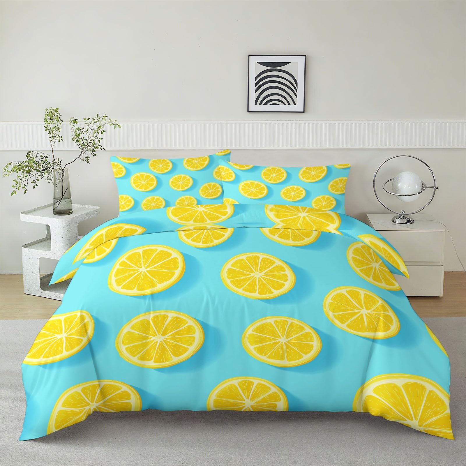 Housse de couette 240x260 citron réversible en microfibre avec taies