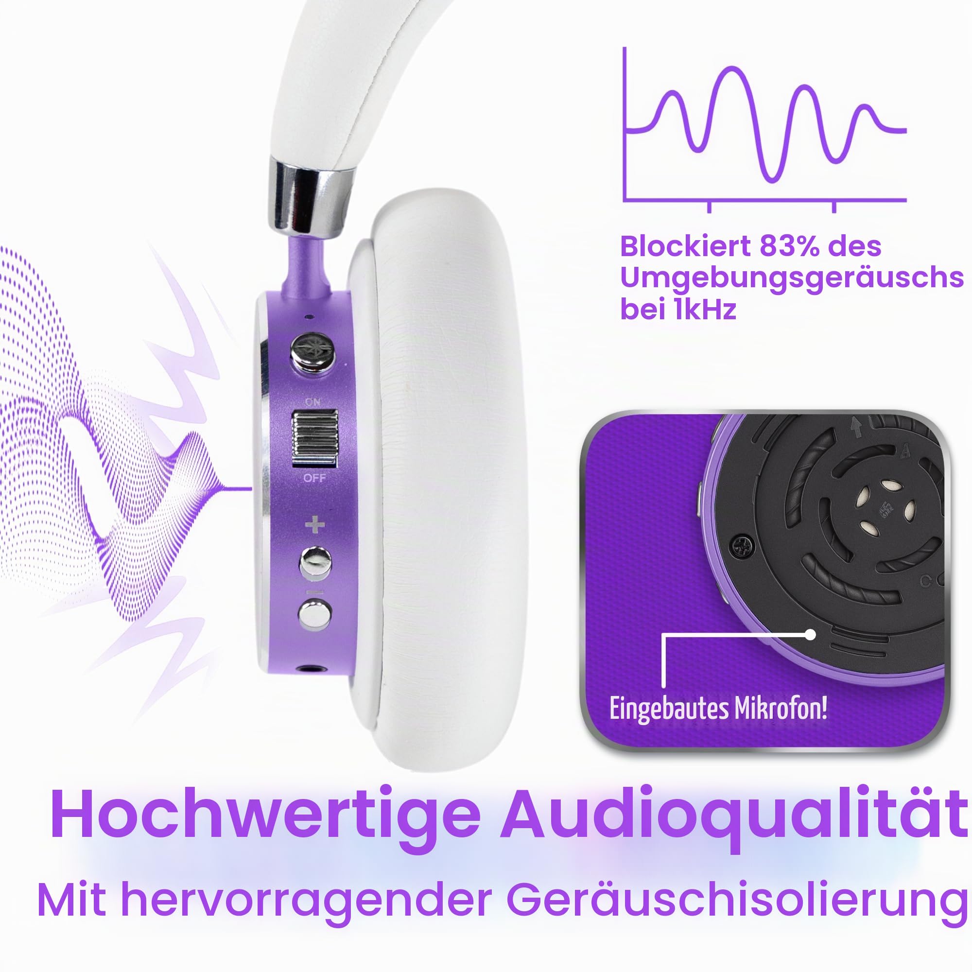 Puro Sound Labs BT2200-Plus Lautstärkebegrenzende Bluetooth-Kopfhörer für Kinder - Sicherere Kopfhörer für Kinder - Studio-Qualität und Geräuschisolierung – Lila