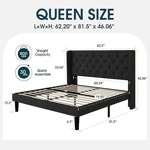 Miniatura 31 de WEEWAY Base de cama tapizada tamaño Queen con cabecera copetuda con respaldo de alas, plataforma moderna con soporte de listones de madera, fácil