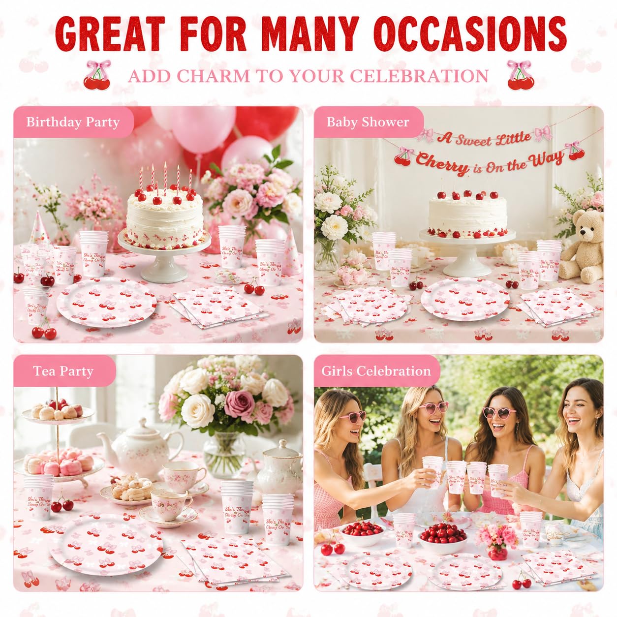 Set di stoviglie per feste, ciliegia, compleanno, per feste di compleanno, per ragazze e ragazzi
