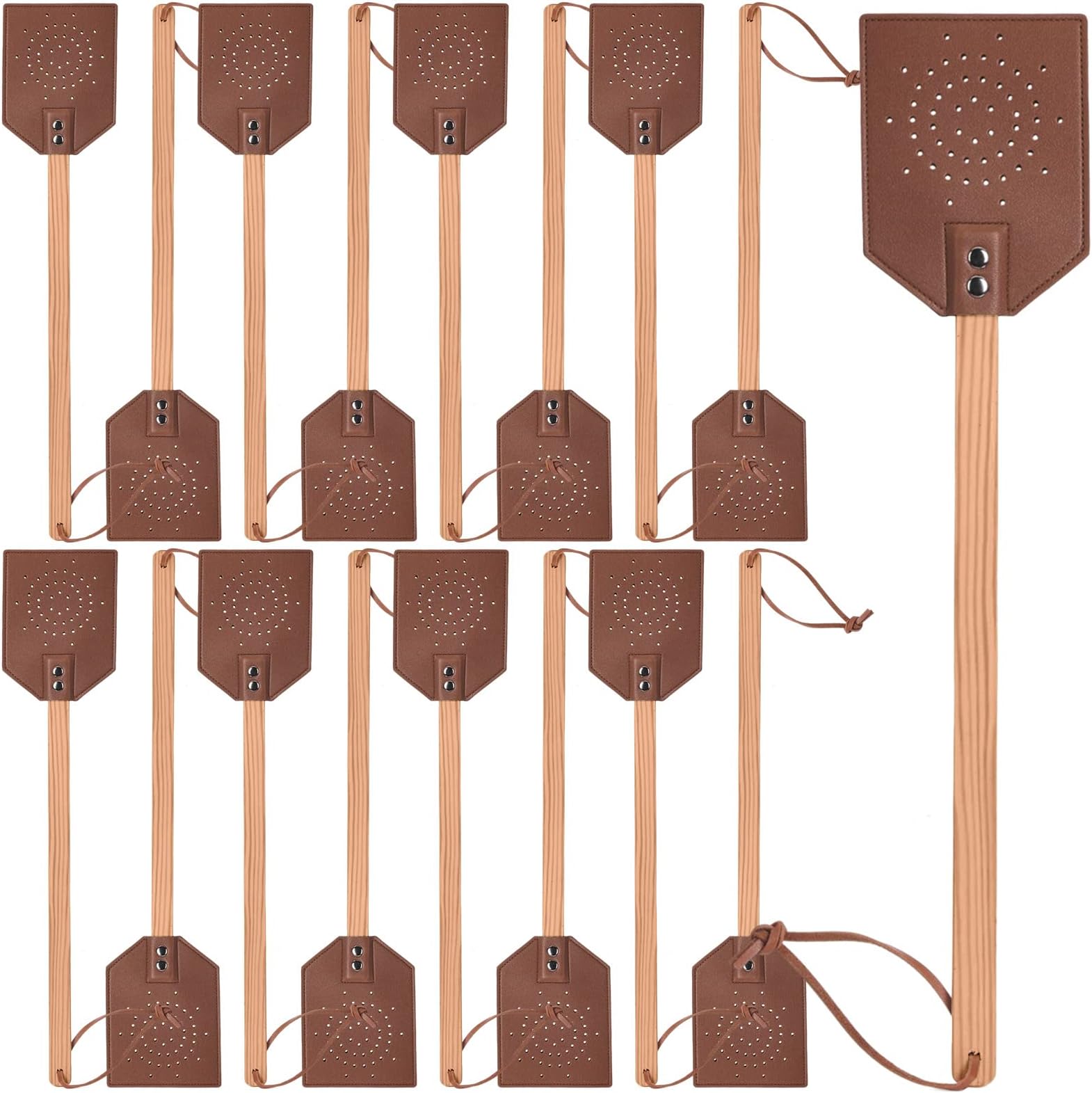 8 Pcs Heavy Duty 19 Inch Antique Leather Fly Swatters Rustic Manual Swat with Wooden Long Handle Indoor Outdoor Flyswatter, Chocolate Color