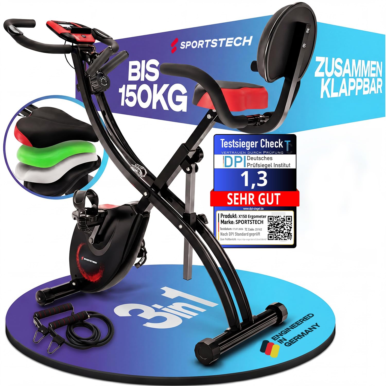 Sportstech Heimtrainer fahrrad Klappbar 3in1, [CurvedX] tiefer Einstieg, bis 150 KG, Ergometer, Hometrainer fahrrad, Ergometer Heimtrainer Senioren, Fitnessbikes, fitnessgeräte für zuhause Sport & Freizeit