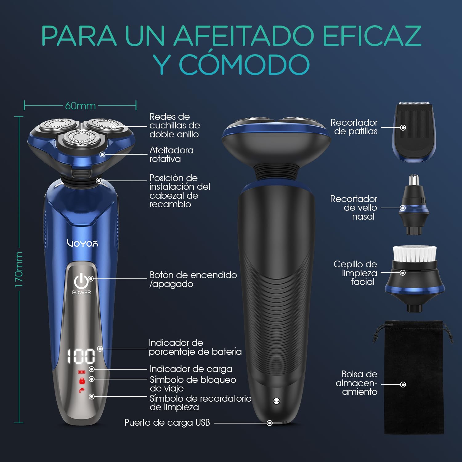 VOYOR Máquina de afeitar Afeitadora Eléctrica Recargable Para Hombres, Recortadora de Barba, Juego de Afeitadora En Húmedo y Seco TX410 (Azul)