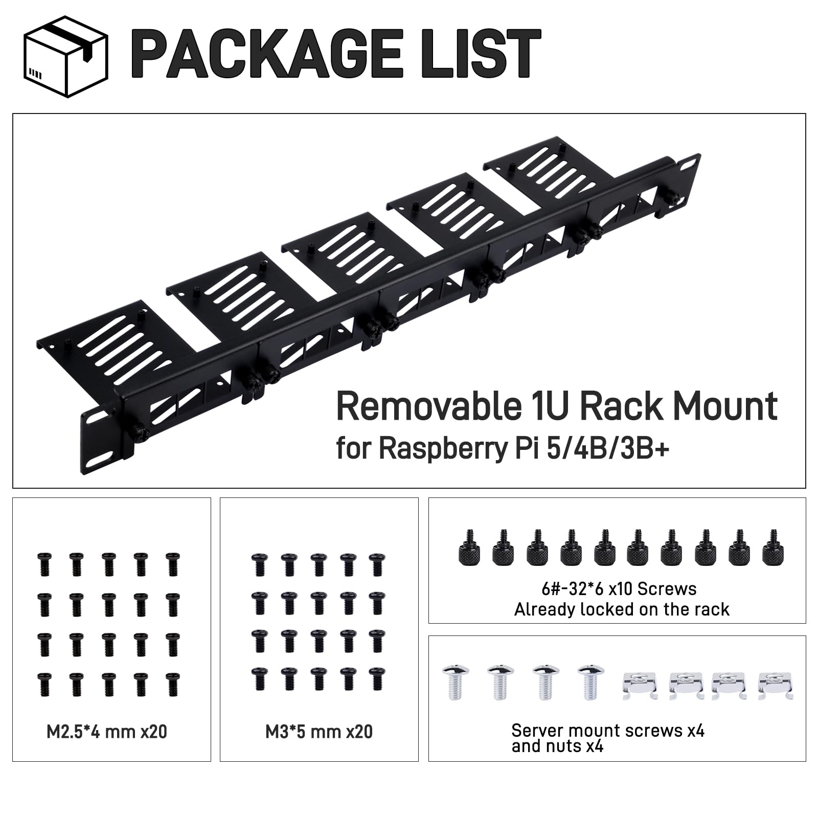 GeeekPi 19 inch 1U Rackmount for Raspberry Pi 5/4B/3B+/3B, with removable front staffe, compatible with 19 inch Server Cabinets