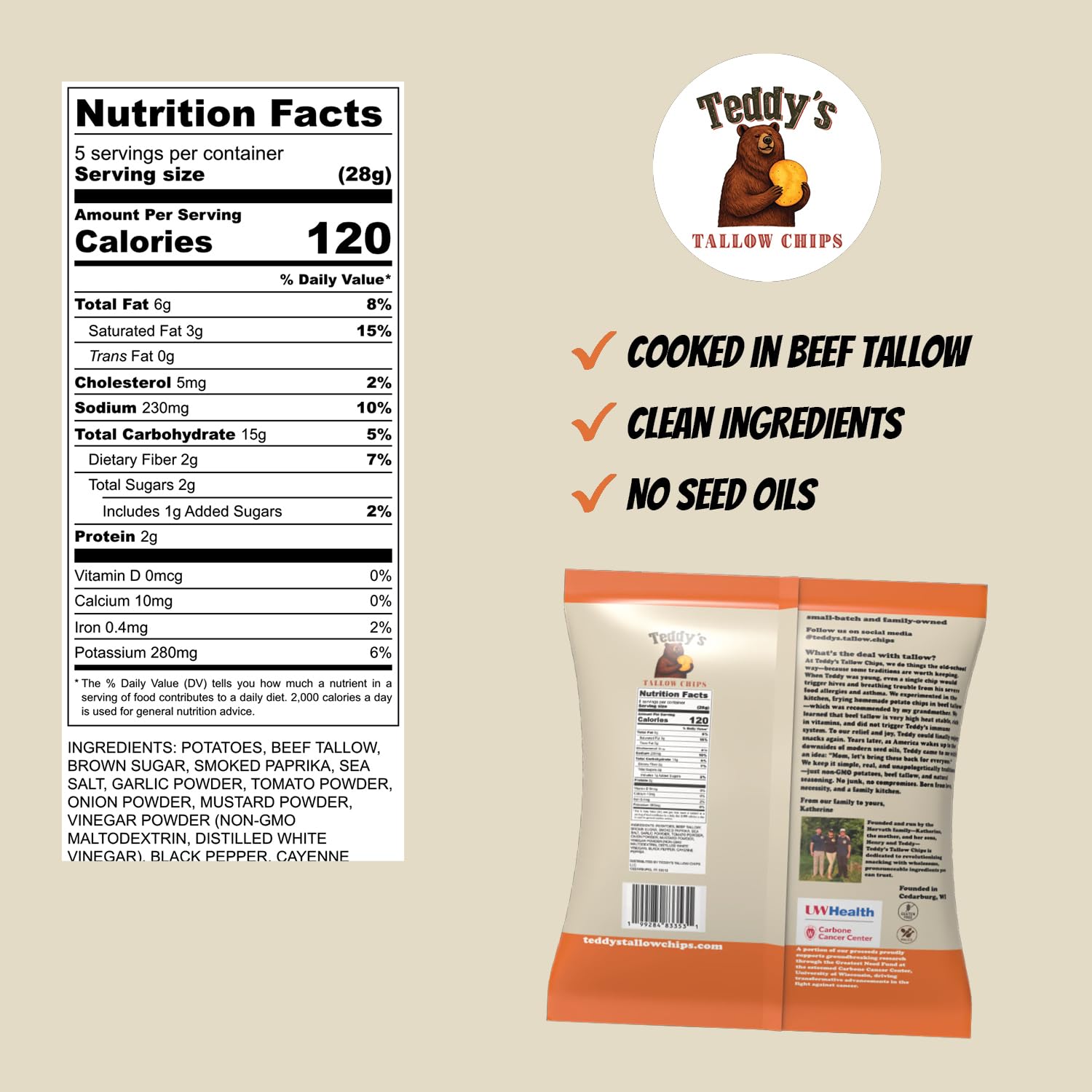 Teddy’s Tallow Chips Summer BBQ Potato Chips – Cooked In Premium Beef Tallow With Smoky Sweet BBQ Seasoning – Crispy Crunchy Chips Made/Simple Ingredients – No Seed Oils Snack – 5 oz Bag (8 Pack)