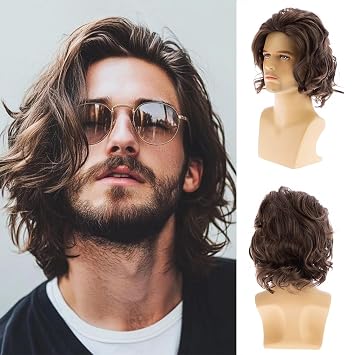 Mens Wig Short Wavy Brown Wig Natural Fluffy Synthetic Heat Resistant Halloween Cospaly Wig for Males