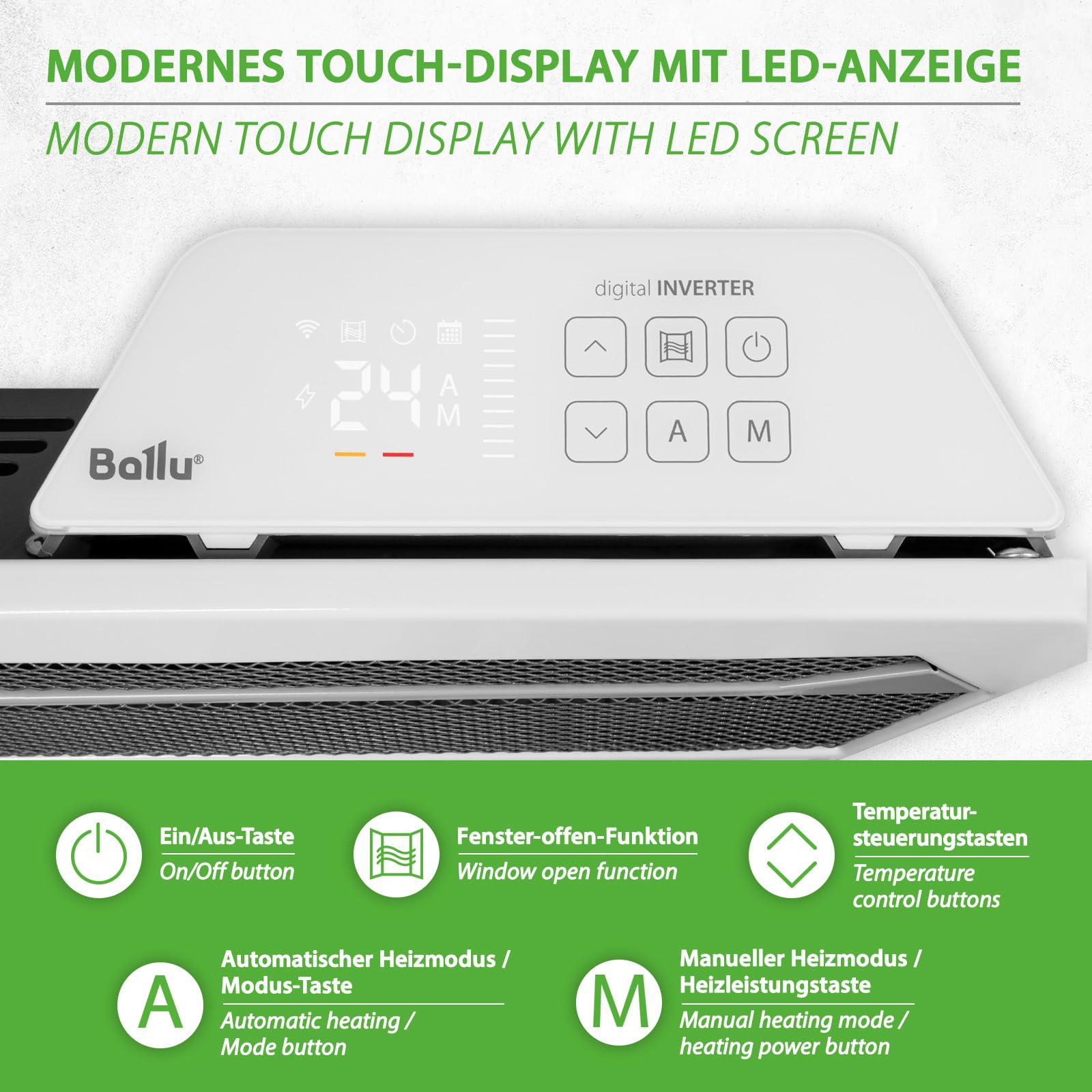 Ballu Rapid grzejnik konwektorowy o mocy 2200 W, biały – oszczędność do 30% energii dzięki unikalnej technologii inwerterowej + moduł Wi-Fi, program tygodniowy, zgodny z ErP