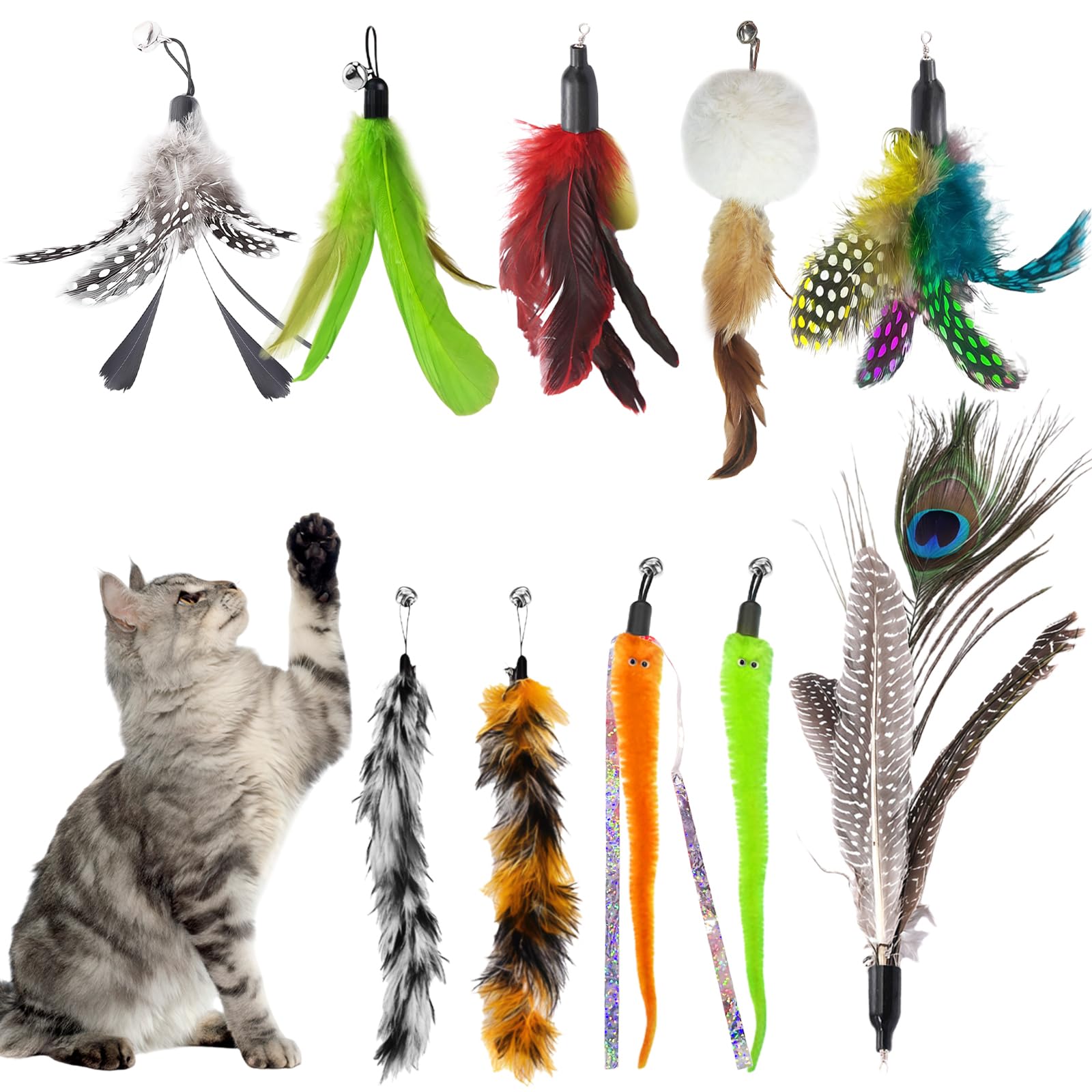 AMFUN 10 PCS Cat Feather Stick Toy, Cat Toys Refills for Cat Wand Toys Interactive, Cat Feather Wand Toys for Indoor Cats Kitten, Exercise Playing Fun Catcher Toys