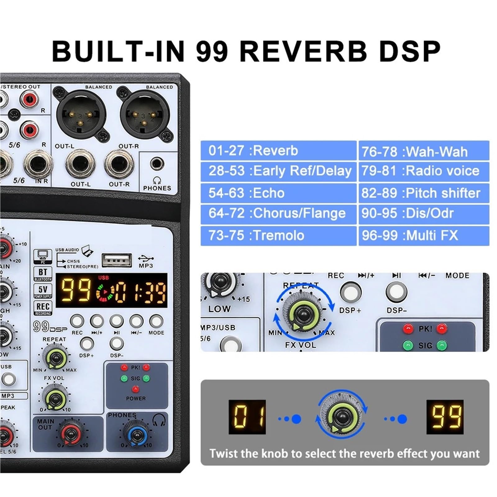 Kontroler DJ-ski, Profesjonalny 4-kanałowy Mikser 99DSP, Konsola Miksująca Do Nagrywania BT Z Interfejsem USB, Karta Dźwiękowa 48 V, PC, Nagrywanie MP3 DJ