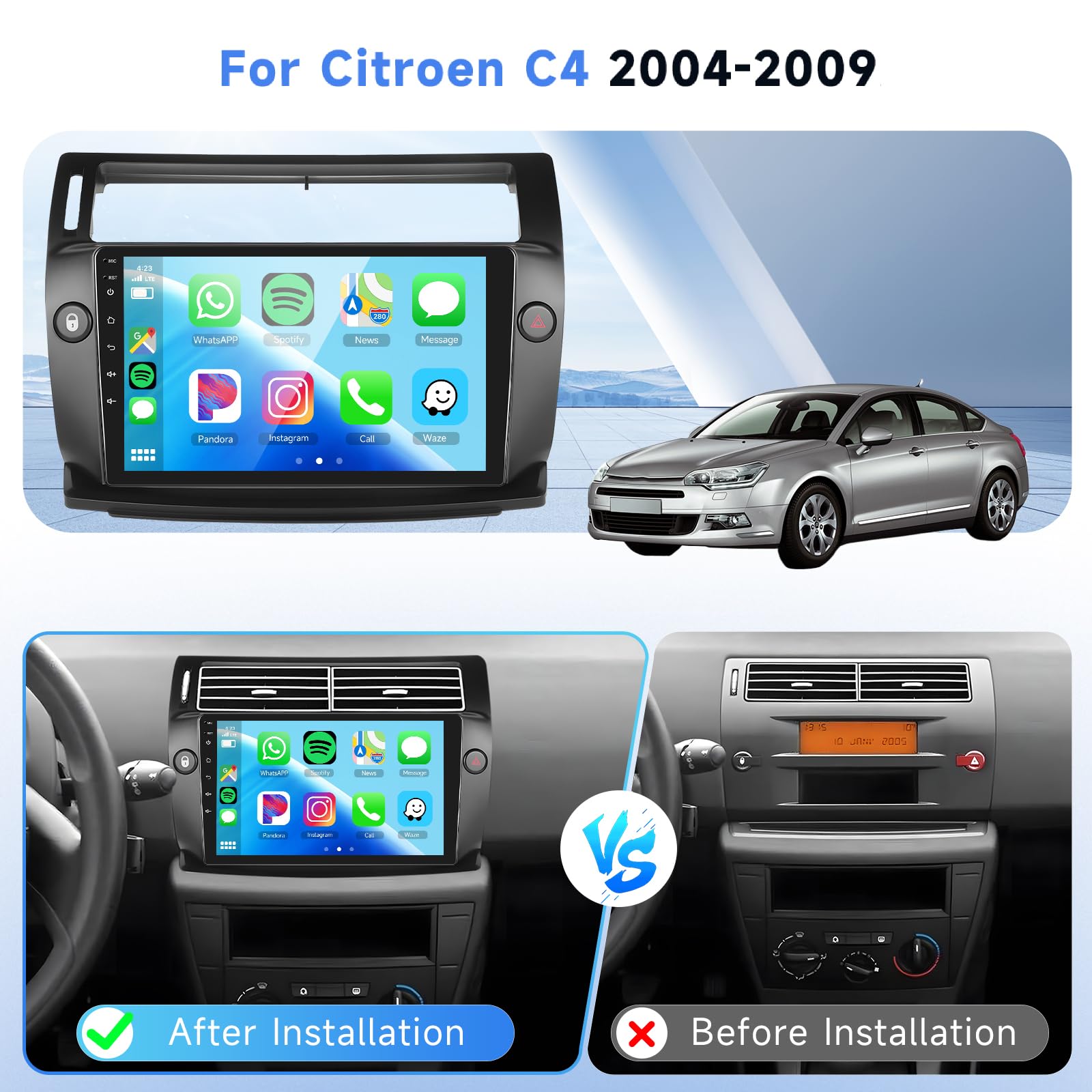 Podofo Autoradio Carplay pour Citroën C4 (2004-2009), écran Tactile 9 Pouces, 2Go+64Go, avec Carplay sans Fil Android Auto, Bluetooth/GPS/WiFi/FM/RDS/HiFi/USB