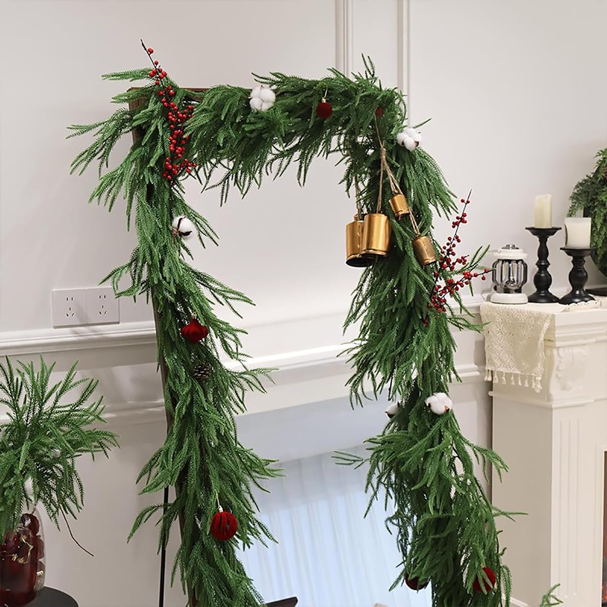 2.7M Weihnachten Girlande - Tannengirlande Künstlich Wie Echt, Tannengirlande Tannengrün - Weihnachtsgirlande Norfolk Pine Girlande für Veranda, Kamin, Tisch, Banister (Green-2.7m)