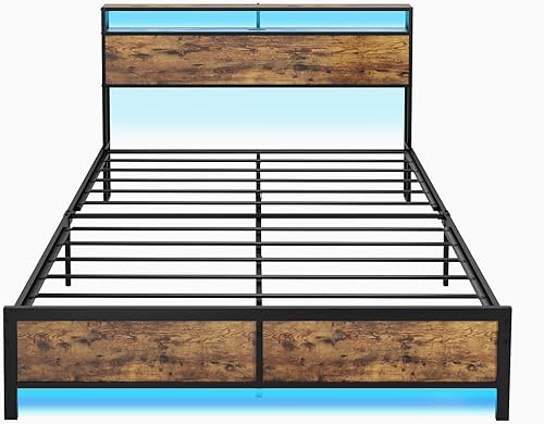 Miniatura 7 de Marco de cama industrial moderno con luces LED y 2 puertos USB, base de cama de plataforma de metal tamaño Queen con cabecera de almacenamiento de