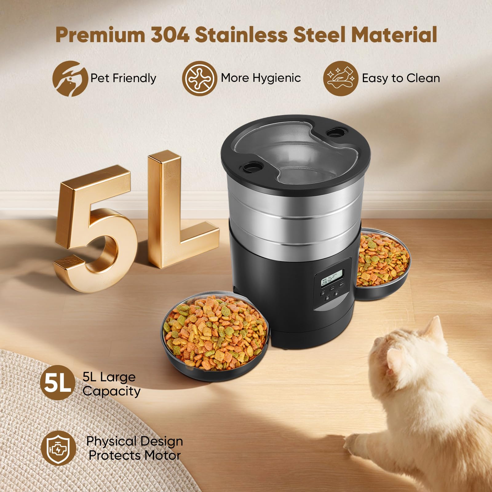 Comedero Automático Gatos 5L con 2 Cuencos, WiFi 2.4G & App Temporizador, Dobles Cuencos Interior Comedero Inteligente, Alimentación Doble con Control de Botones