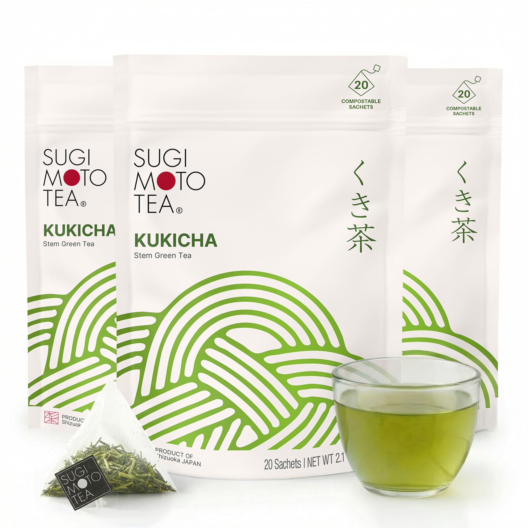 SUGIMOTO TEA Japanese Kukicha Stem Green Tea Bags 20 Count Pack of 3