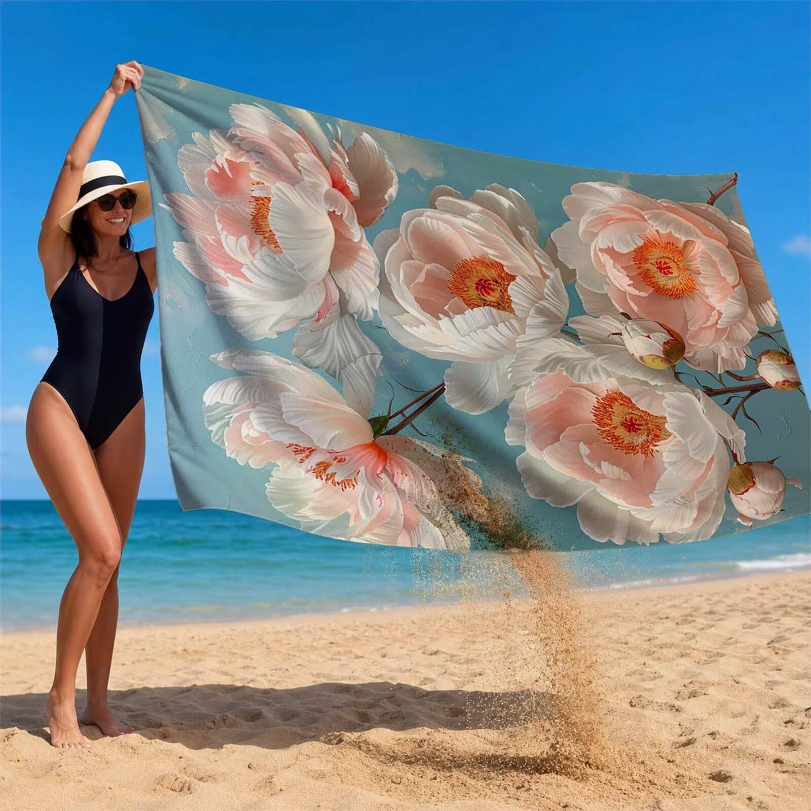 White Toalla Playa 160x220 Resistente a la Arena Secado rápido Ligero, Toalla Playa Grande 220 x 160cm Suave Cómodo como Gym Yoga Sauna Toallas Baño Grandes Exterior Travel Essentials Flor XTLS-6597