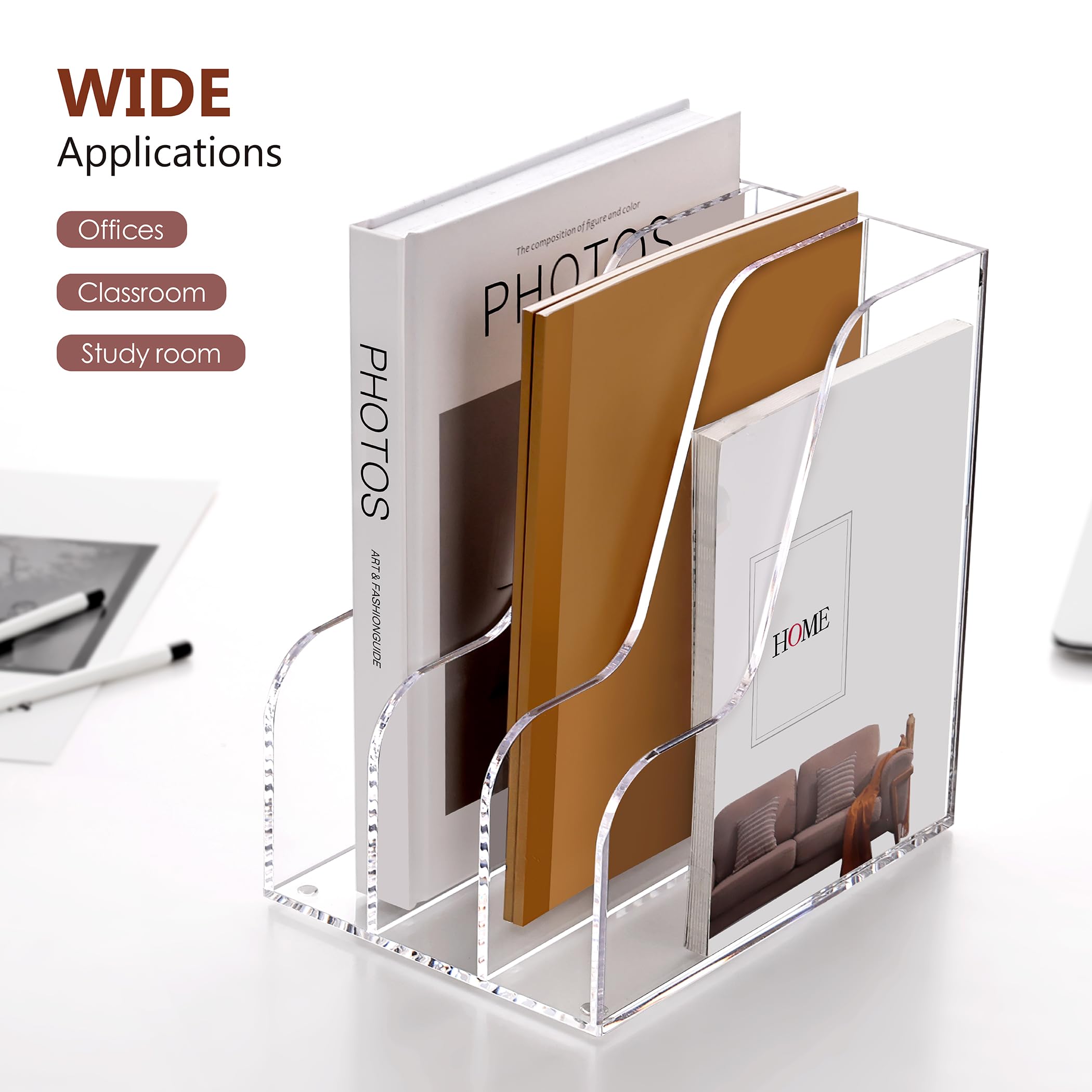 SANRUI Organizer da scrivania in acrilico, porta documenti e cartelle portadocumenti, organizer da scrivania a 3 sezioni, organizer per riviste per forniture per ufficio, trasparente