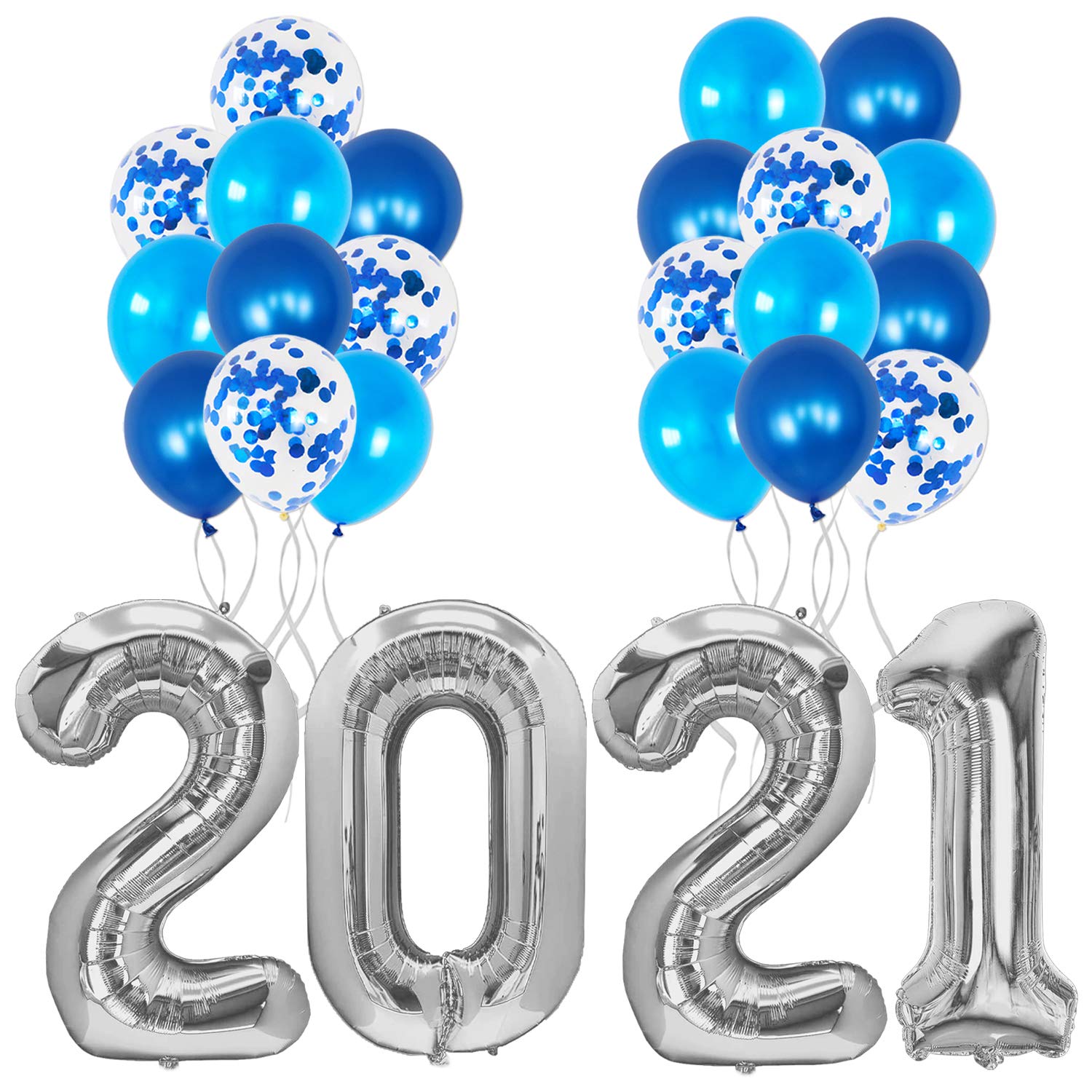 Silver 2021 Balloons for Graduation Party Supplies 2021 - Large, 40 Inch, Silver and Blue Confetti Graduation Balloons | Class of 2021 Decorations | 2021 Number Balloon for Graduation 2021 Decorations