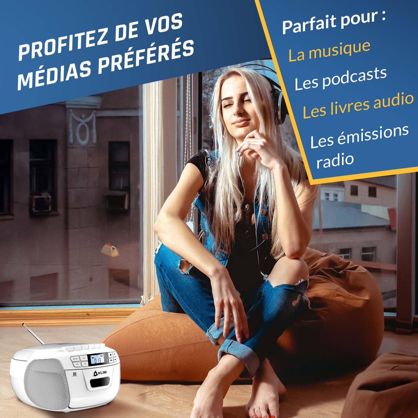 KLIM Lecteur CD Cassette Radio AM/FM Bluetooth Stéréo USB AUX Blanc
