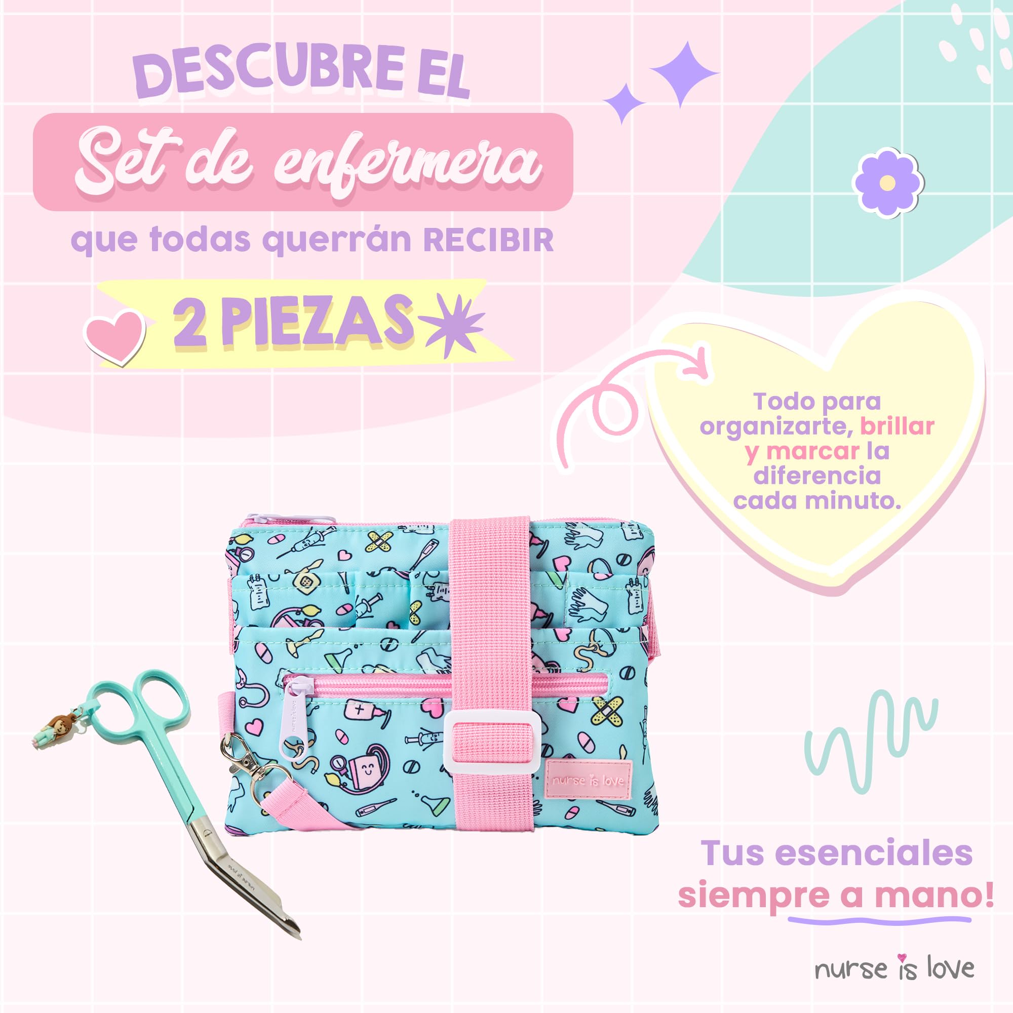 Nurse is Love Set para Enfermera y TCAE (2uds). | Riñoneras + Tijeras Enfermeria Curvas con Mosqueton | Accesorios para Enfermera | Usa con Lanyard - Salvabolsillos, Regalos Original -AQUA